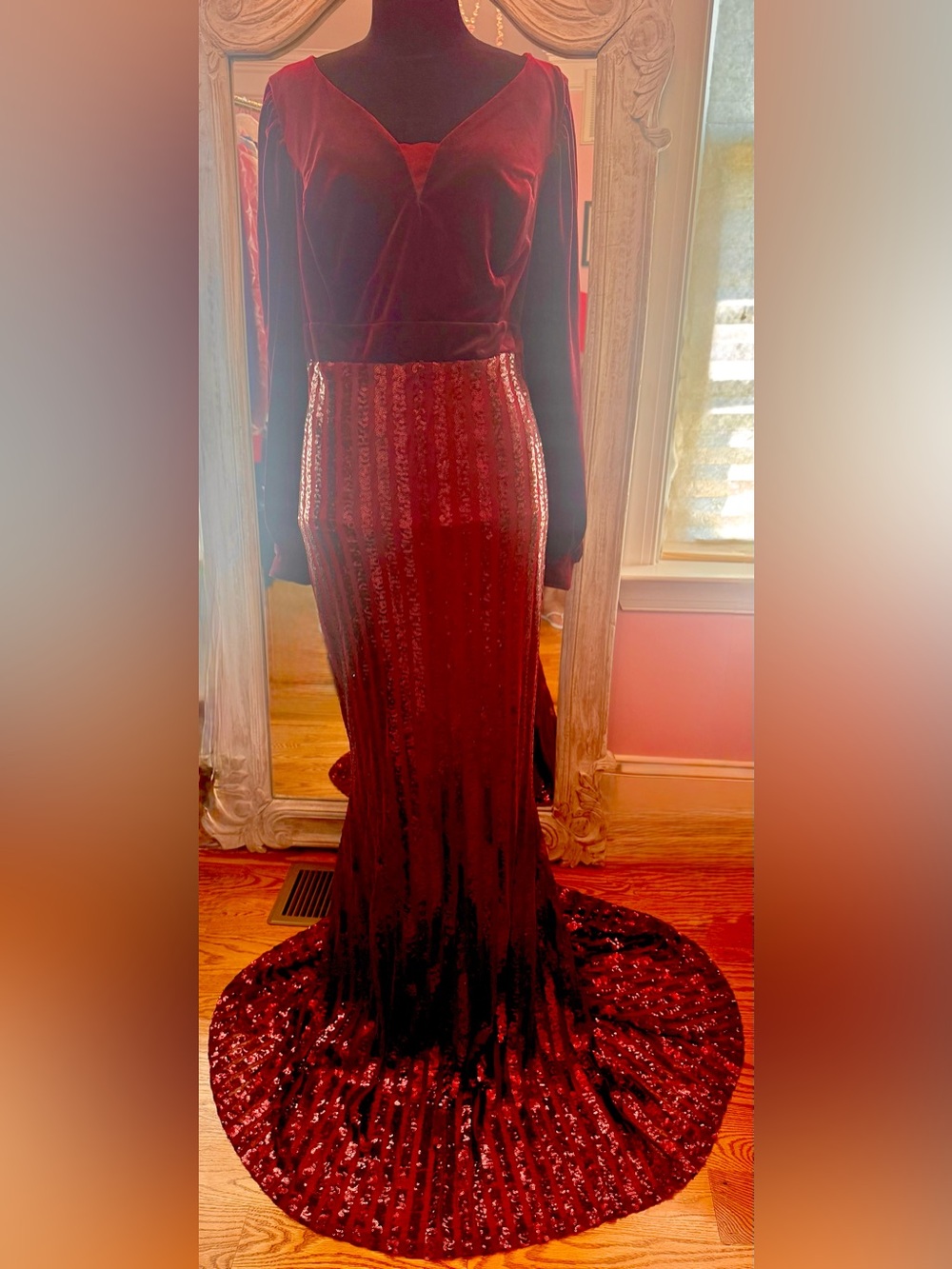 Burgundy Sequin and velvet Formal Dress - Elegant Evening Style
